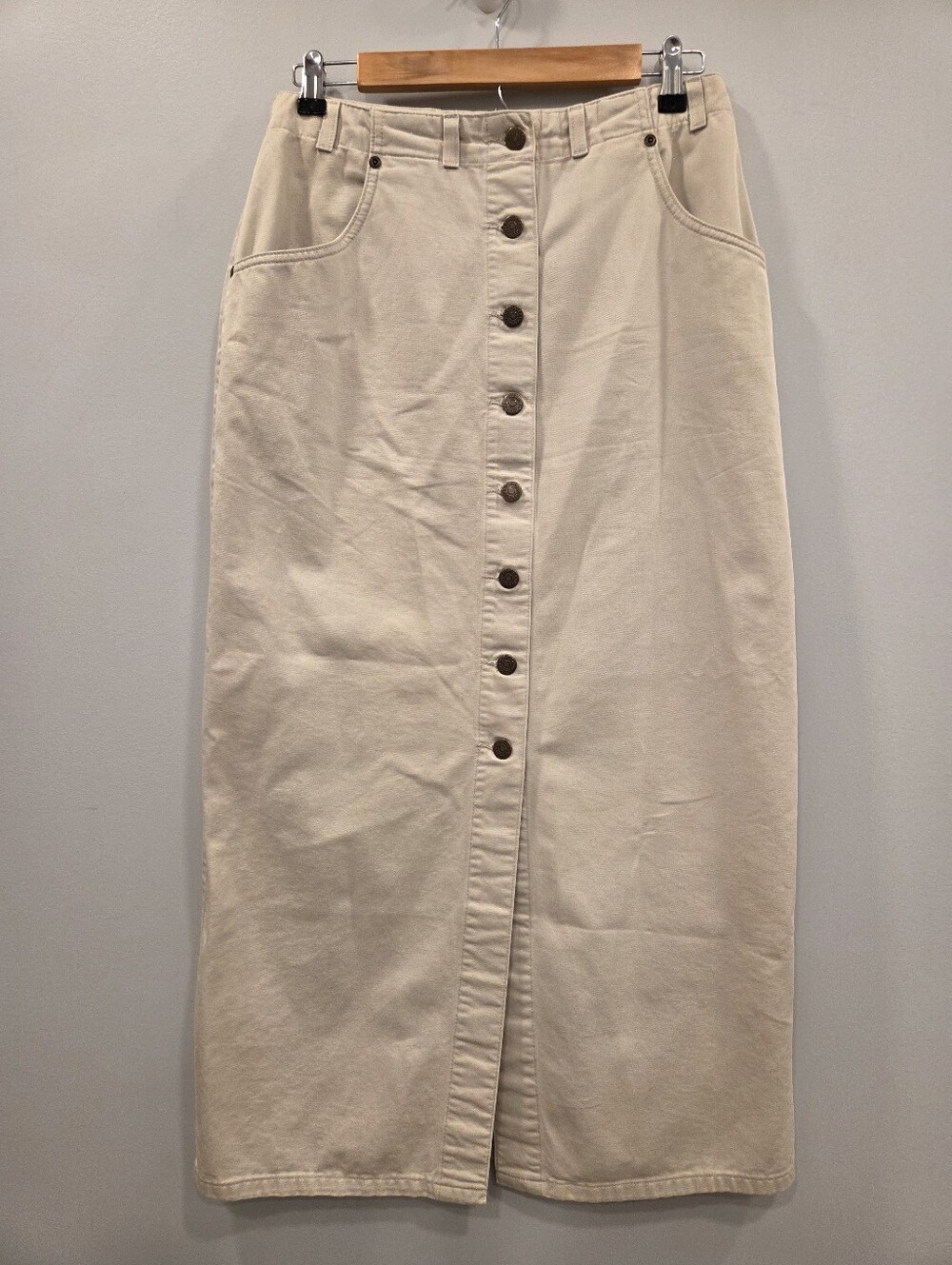 Eddie Bauer Vintage 90s Khaki Button Up Midi Skirt Cotton Size 10